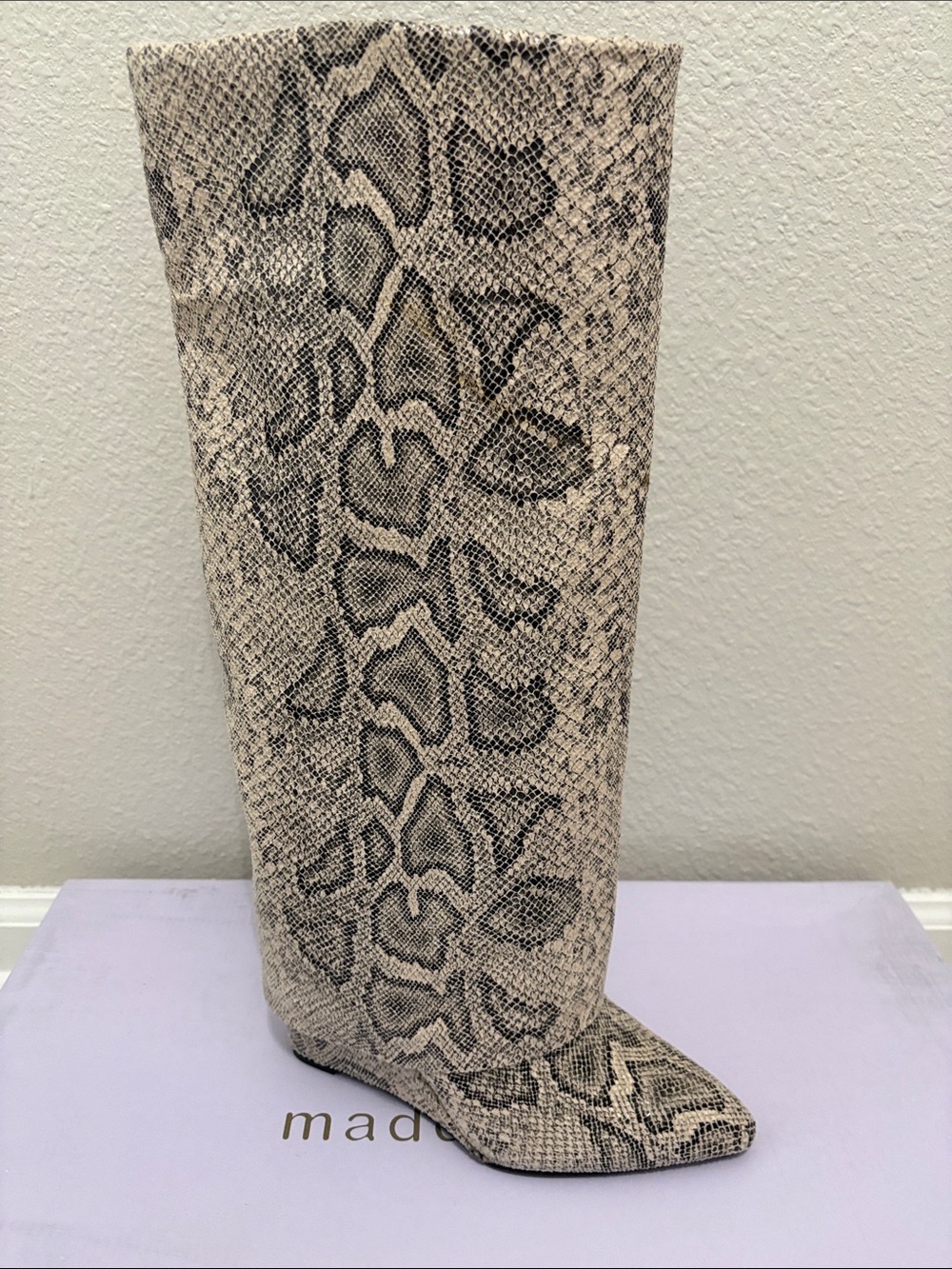 Snake-Print Knee-High Heeled Boots